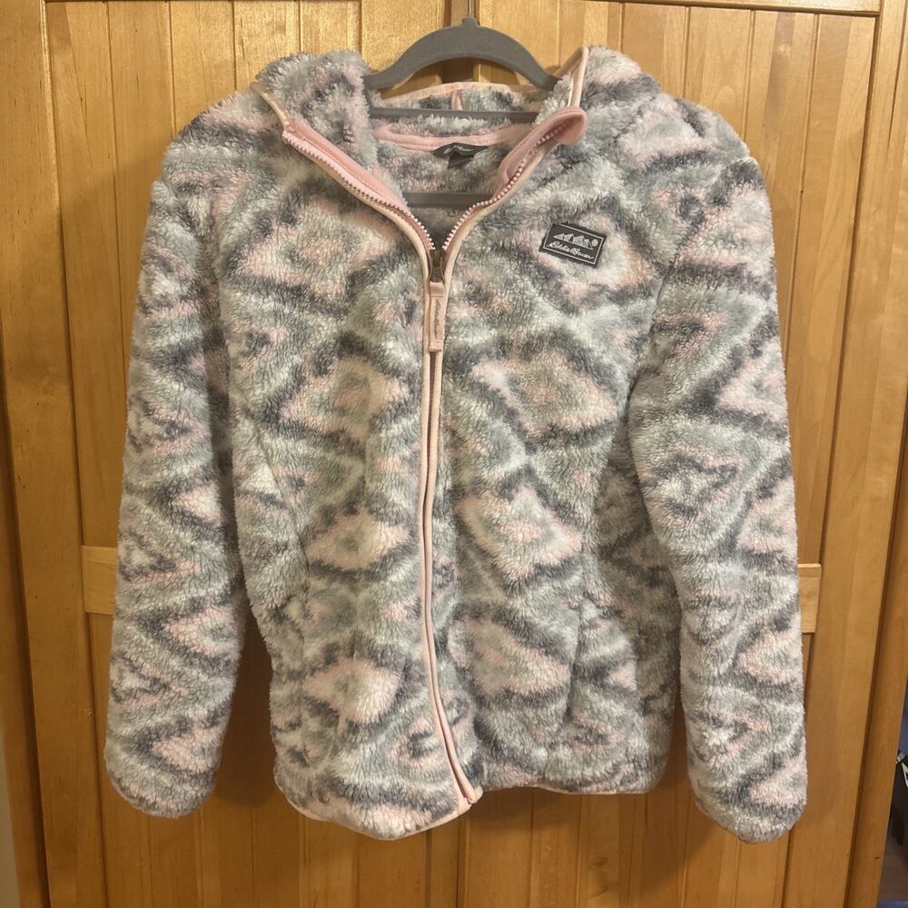 Eddie Bauer Jacket Girls Large 14-16 Pink Hooded Soft Geometric Art Sherpa Y2k